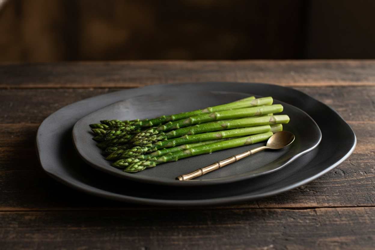 Charcoal shino platter with asparagus - moody lighting