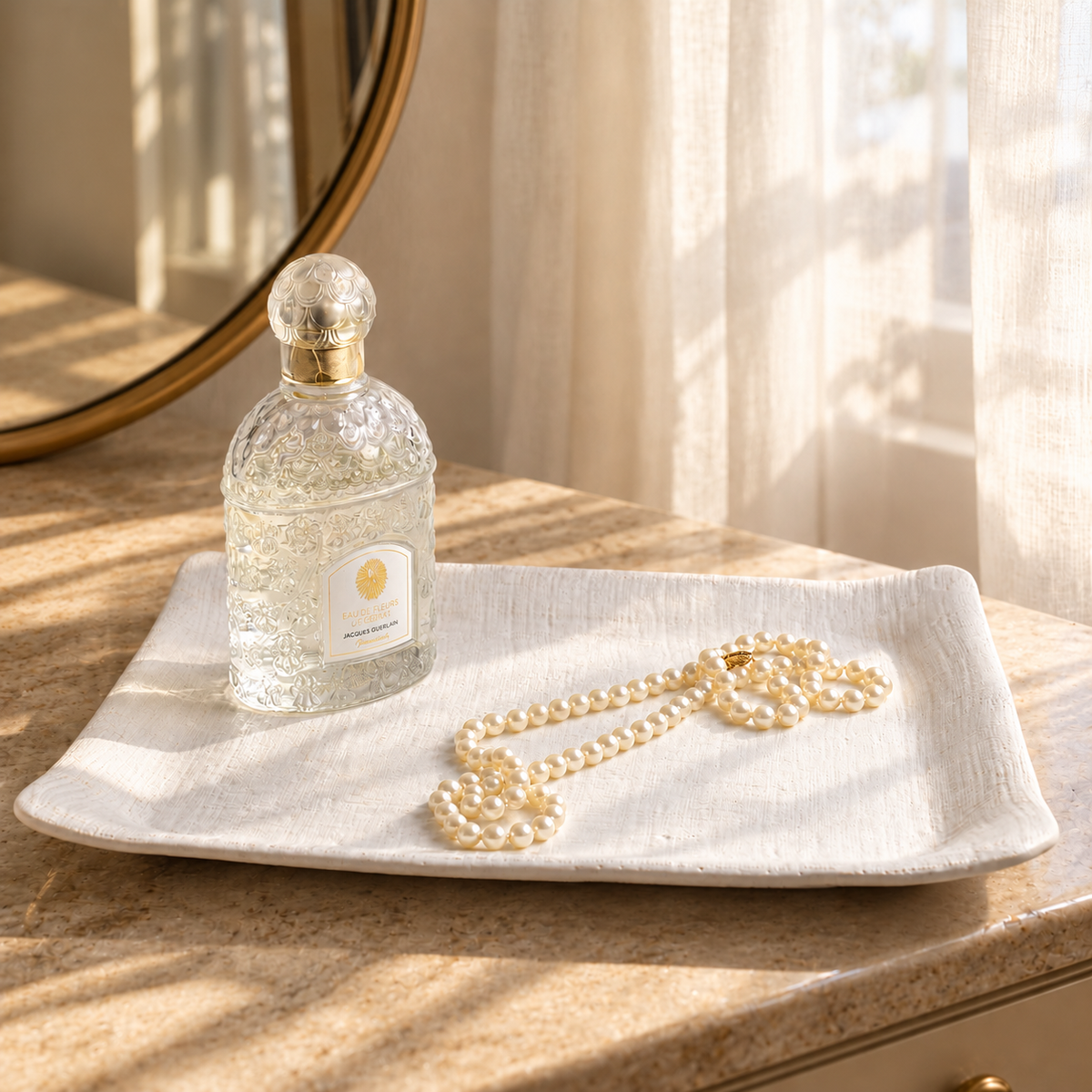 White Matte rectangular ceramic tray holding a perfume bottle and pearl necklace.