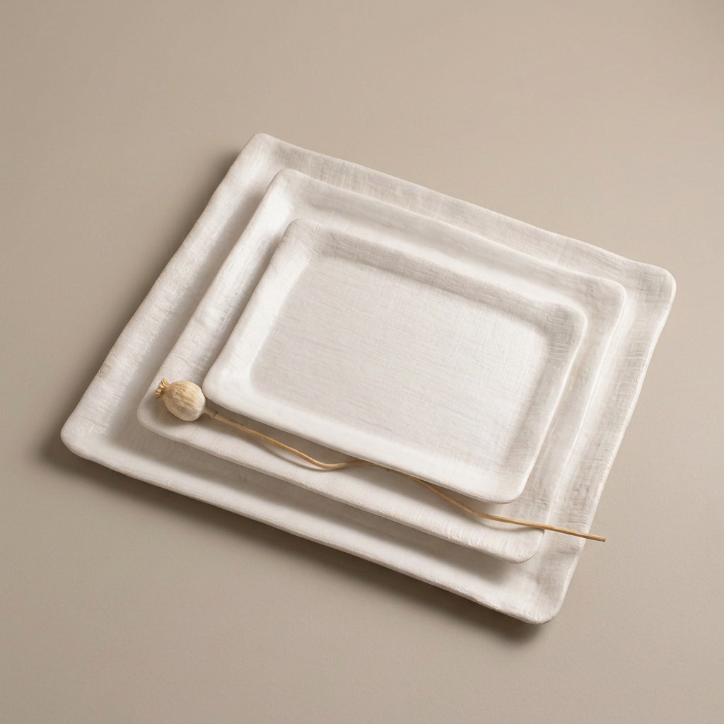 Three nested White Matte Linen rectangular platters, fully framed on warm stone.