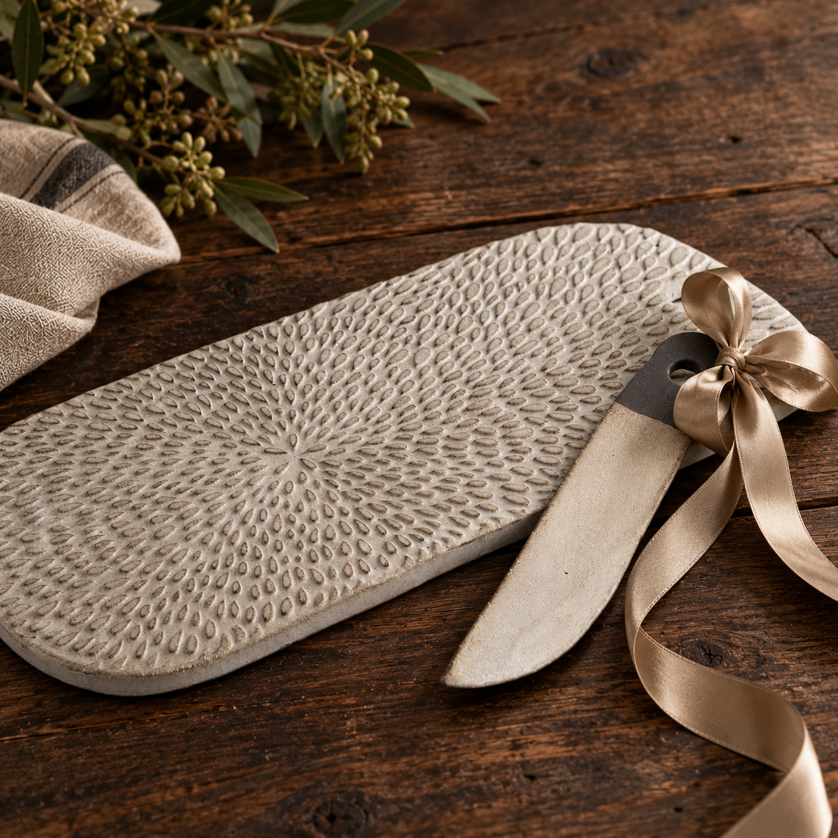 Small Petal ceramic charcuterie board with botanical texture and an accompanying knife tied with beige ribbon on a rustic wooden table.