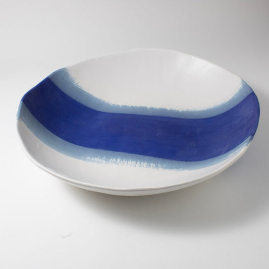 Blue Stripe & White Matte Large Serving Bowl|Seconds Sale 30% Off
