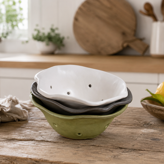 Set of three stacked ceramic bowls on a wooden surface with a kitchen background.