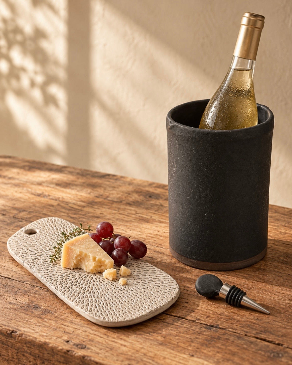 Matte Black Wine Cooler & Wine Plate with Cork Rest