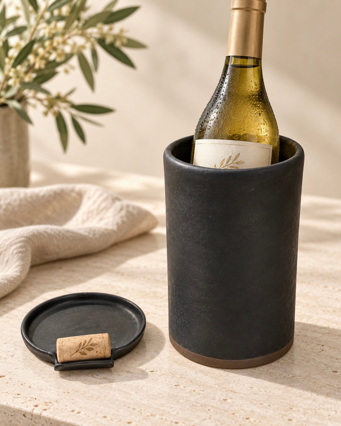 Matte Black Wine Cooler & Wine Plate with Cork Rest