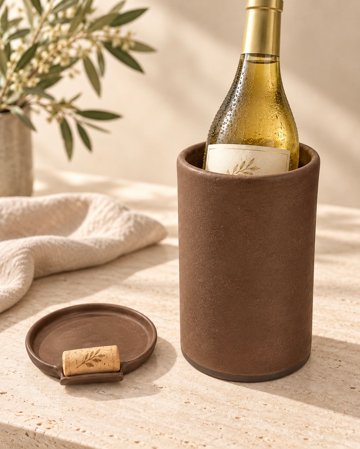 Matte Chocolate Wine Cooler & Wine Plate with Cork Rest
