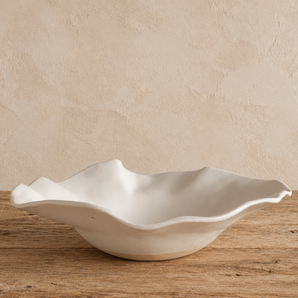 Close side view of a White Matte sculpted serving bowl showing its curved profile and softly undulating rim on rustic wood.