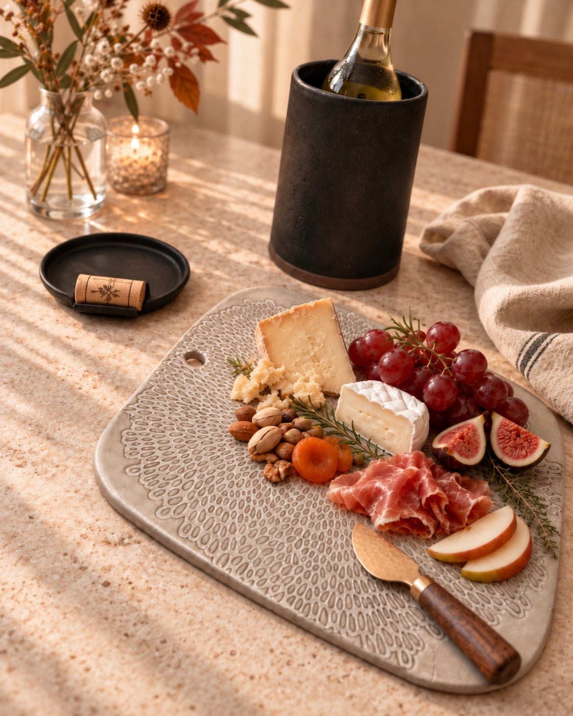 Matte Black Wine Cooler & Wine Plate with Cork Rest