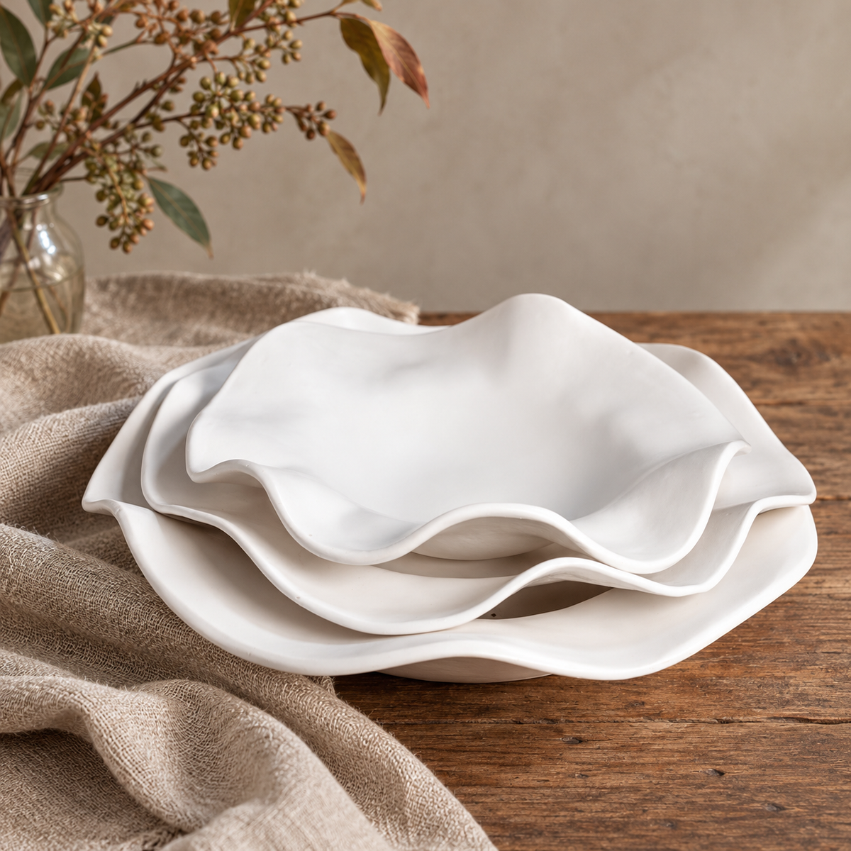 Three nested White Matte sculpted serving bowls with flowing, asymmetrical rims on a wooden table beside natural linen.