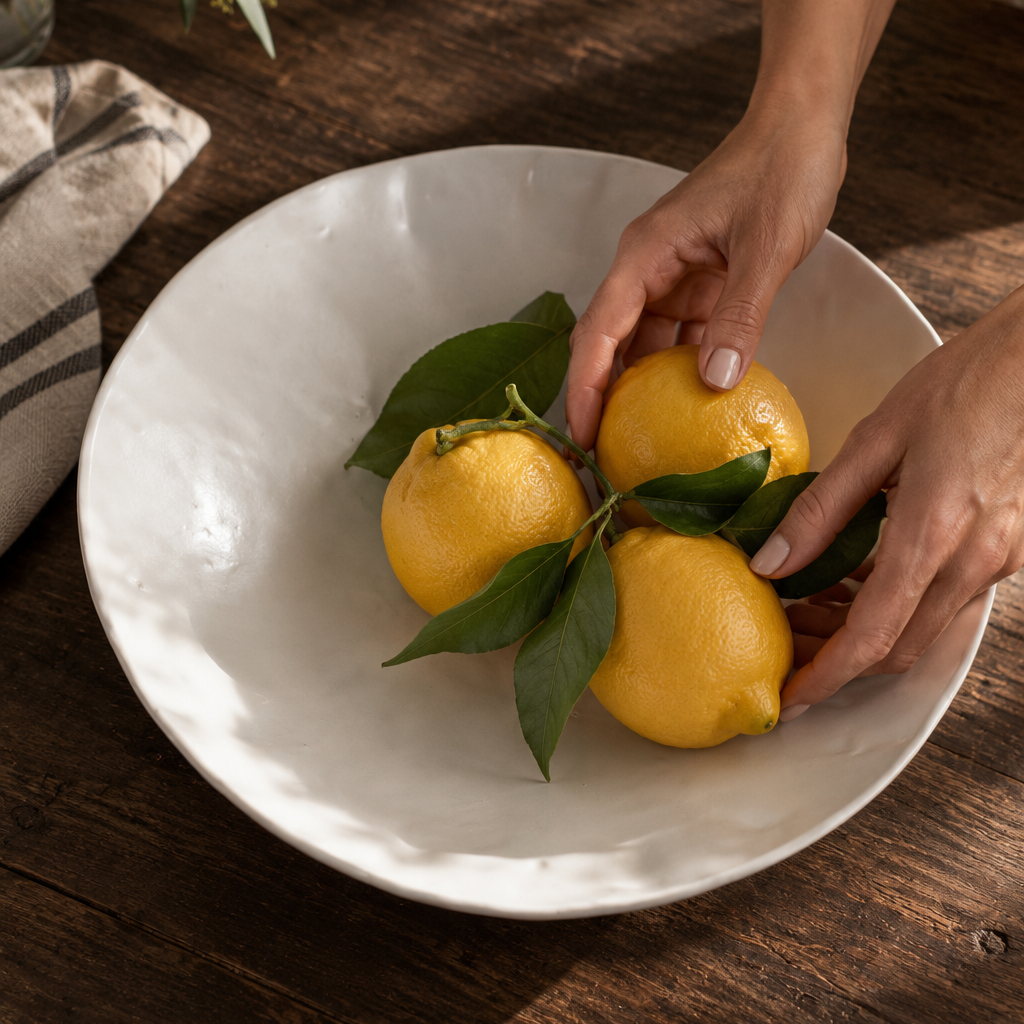 Hands arranging lemons with green leaves in a White Matte stoneware serving bowl on a rustic wooden table.