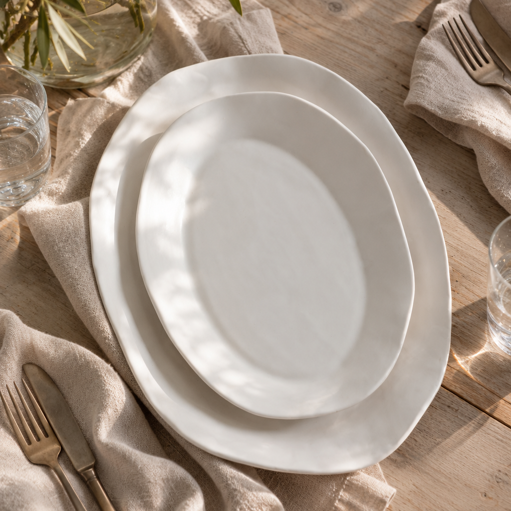 Two nested White Matte oval serving platters on a sunlit wooden table with natural linen, forks, and drinking glasses.