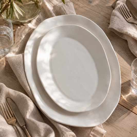 Two nested White Matte oval serving platters on a sunlit wooden table with natural linen, forks, and drinking glasses.