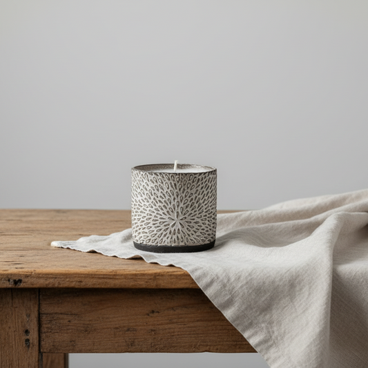Banner with Petal Cup Candle on rustic table