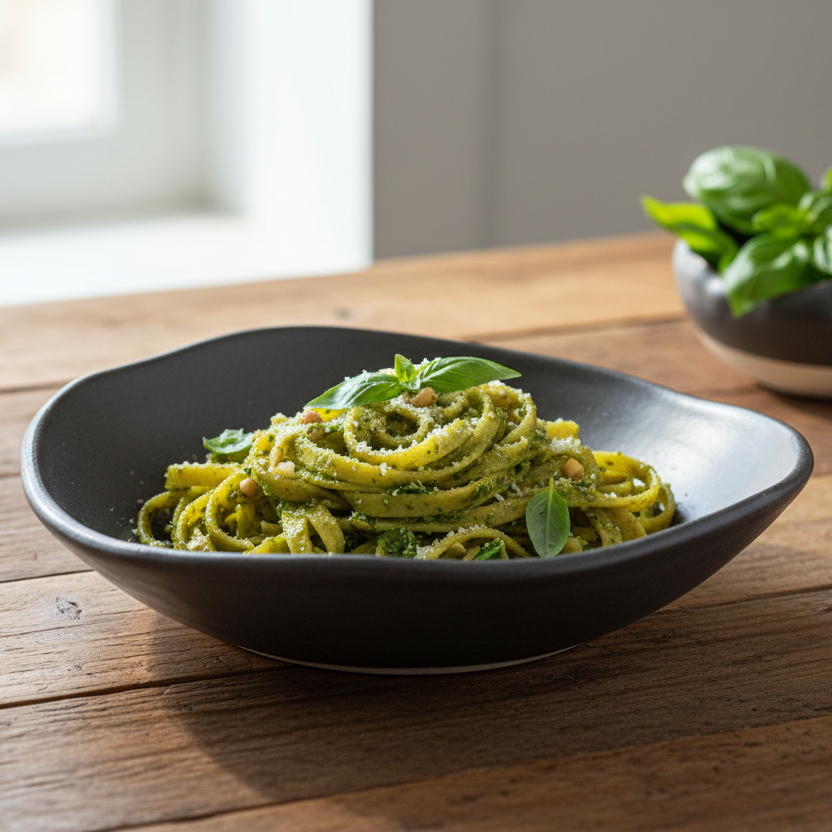 Charcoal shino pasta bowl with pesto and fresh basil in spice bowl