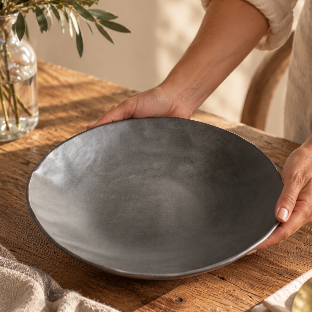 Hands placing a Charcoal Shino serving bowl on a sunlit wooden table, showing its wide rim and shallow profile.