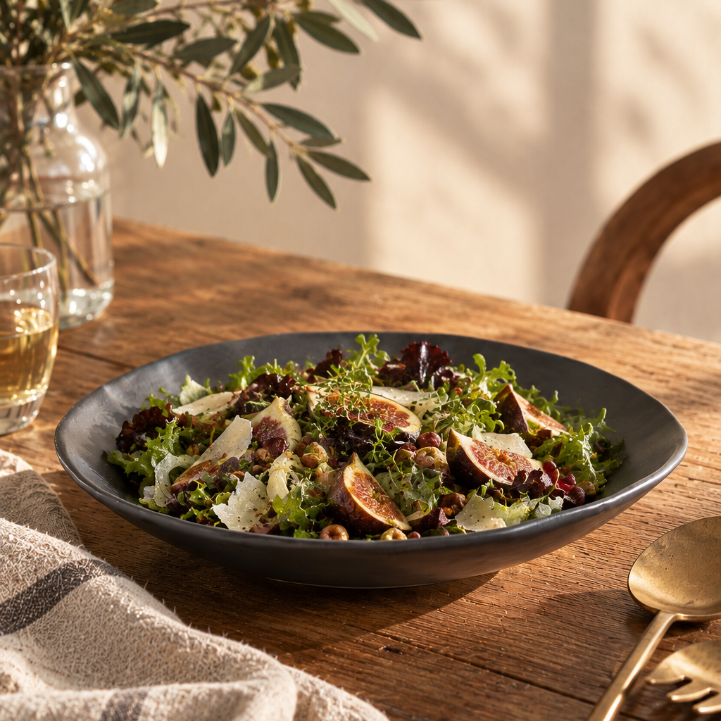 Charcoal Shino serving bowl filled with leafy salad, figs, and shaved cheese on a sunlit table beside gold-toned utensils.
