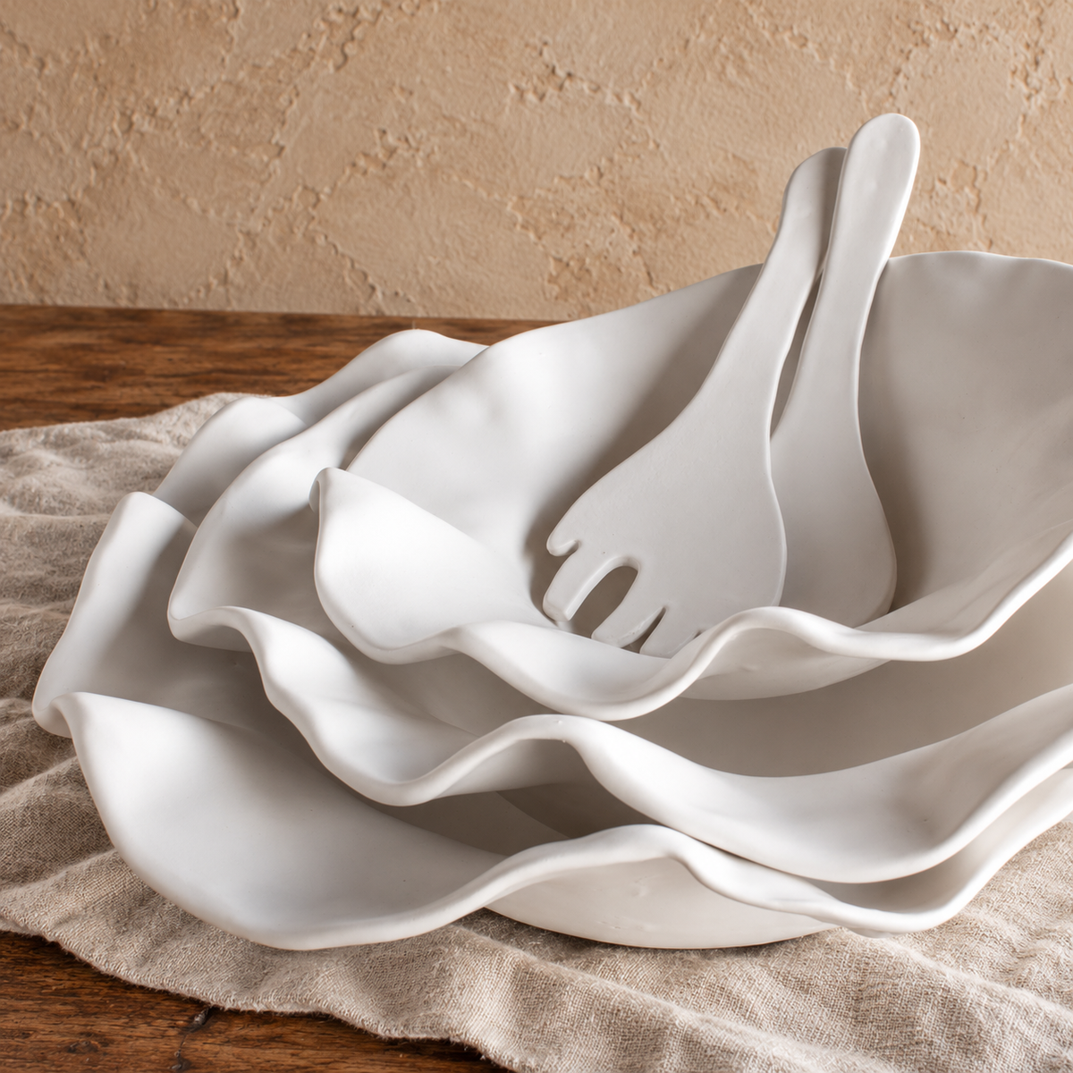 Sculpted Serving Bowl Collection with Salad Tongs