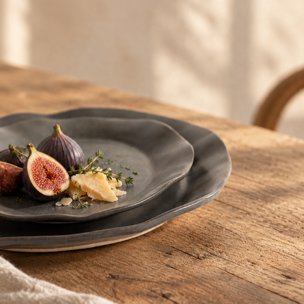 Nested Charcoal Shino oval platters with fresh figs, cheese, and herbs on a sunlit wooden table.
