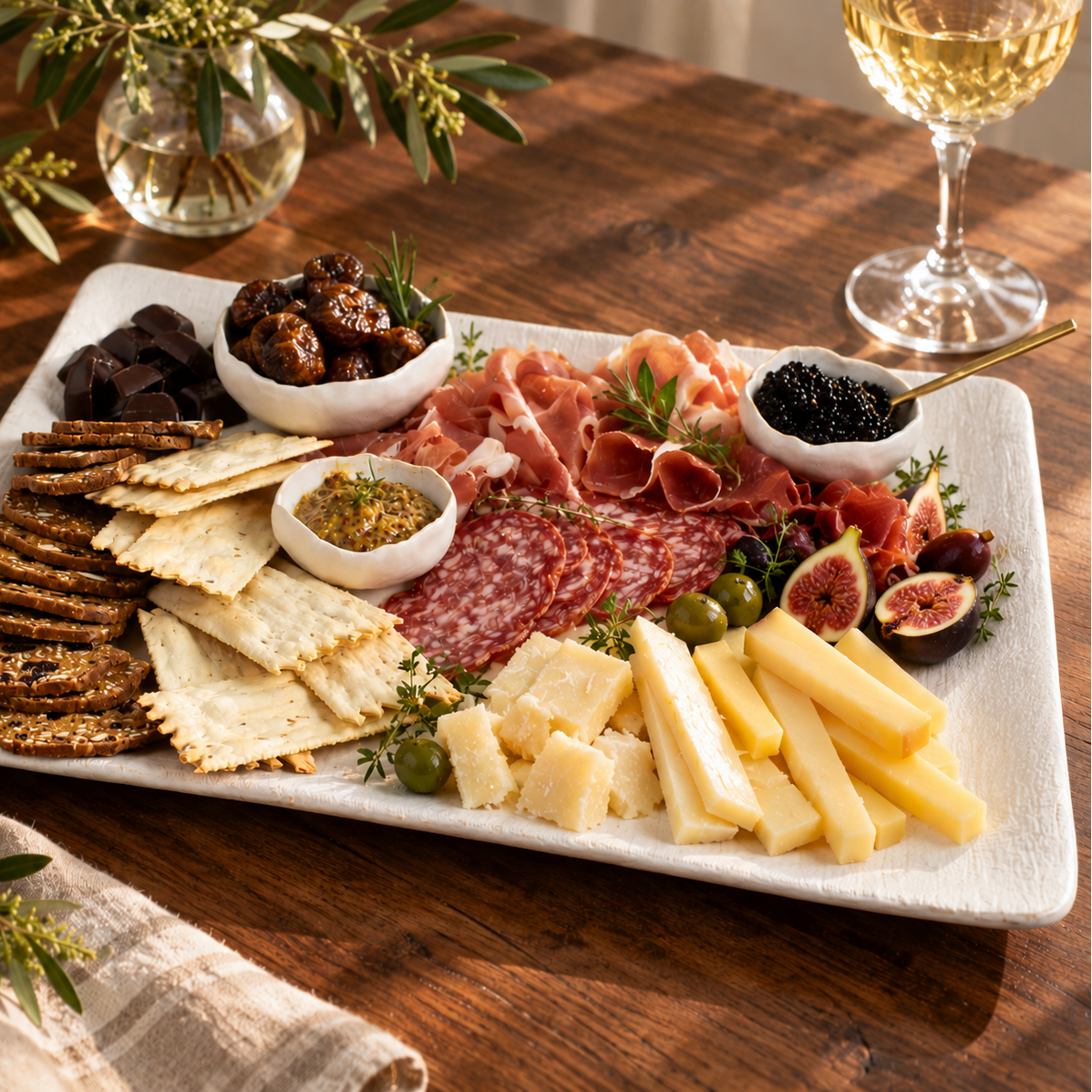 White rectangular stoneware platter arranged with cheeses, cured meats, crackers, and small condiment bowls.