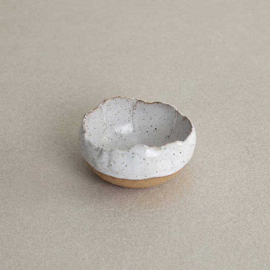 Speckled Mise en Place Bowl with White Matte glaze on a warm stone background.