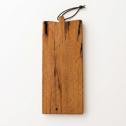 Number 172 Black Honey Oak serving board with leather loop on a porcelain-white background.