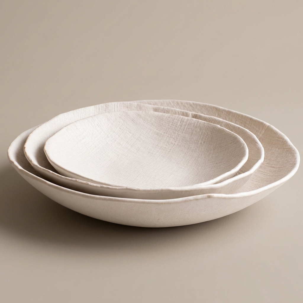 Three nested White Linen stoneware serving bowls on a warm-stone background.