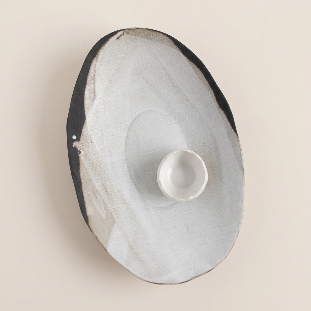 Rustic Pour Over oval serving bowl with a small white bowl inside, on a square pale background.