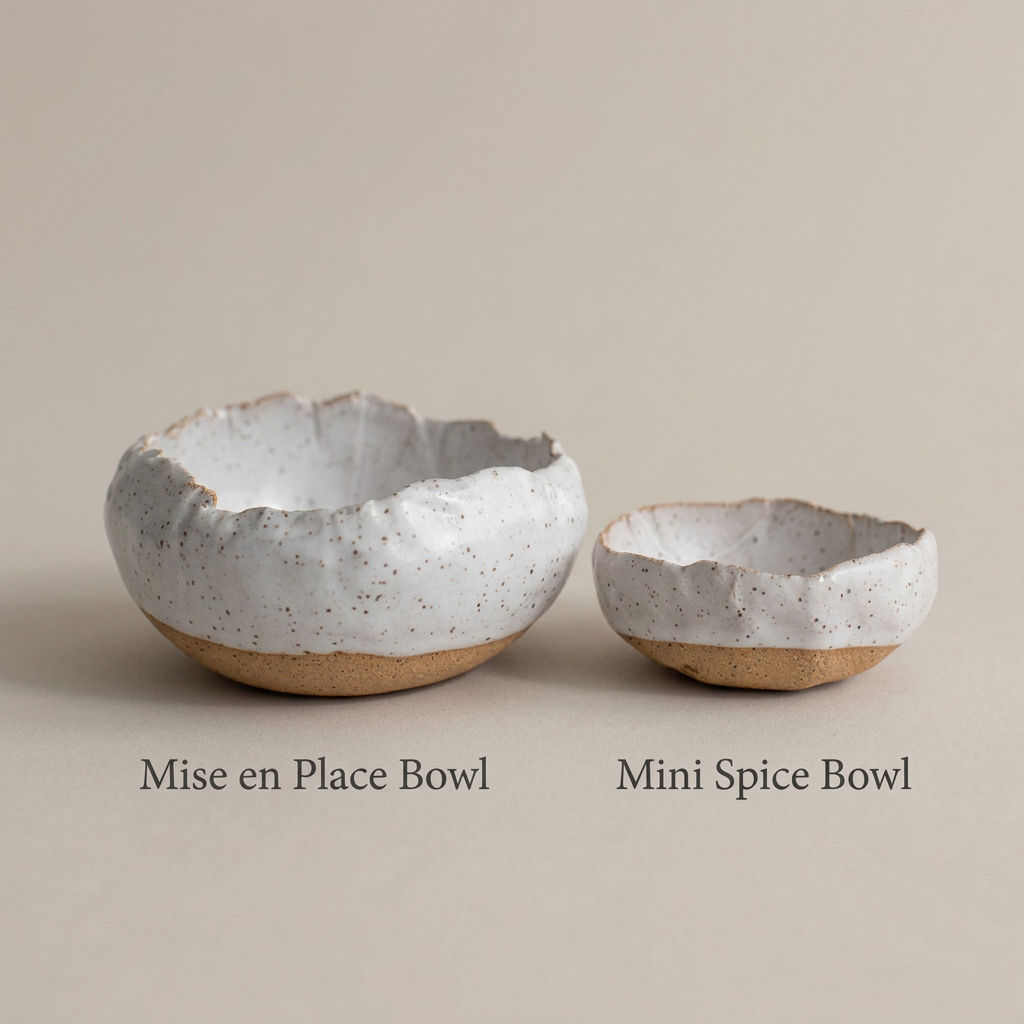Size comparison: Speckled Mise en Place Bowl on the left and Mini Spice Bowl on the right.