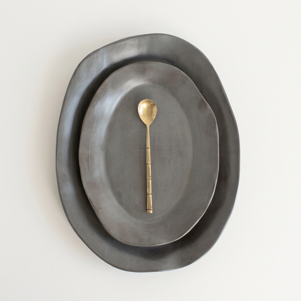 Two nested Charcoal Shino oval serving platters with a gold spoon on a porcelain-white background.