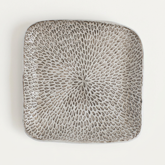 Single Petal Square appetizer plate with radiating botanical texture on a porcelain-white background.