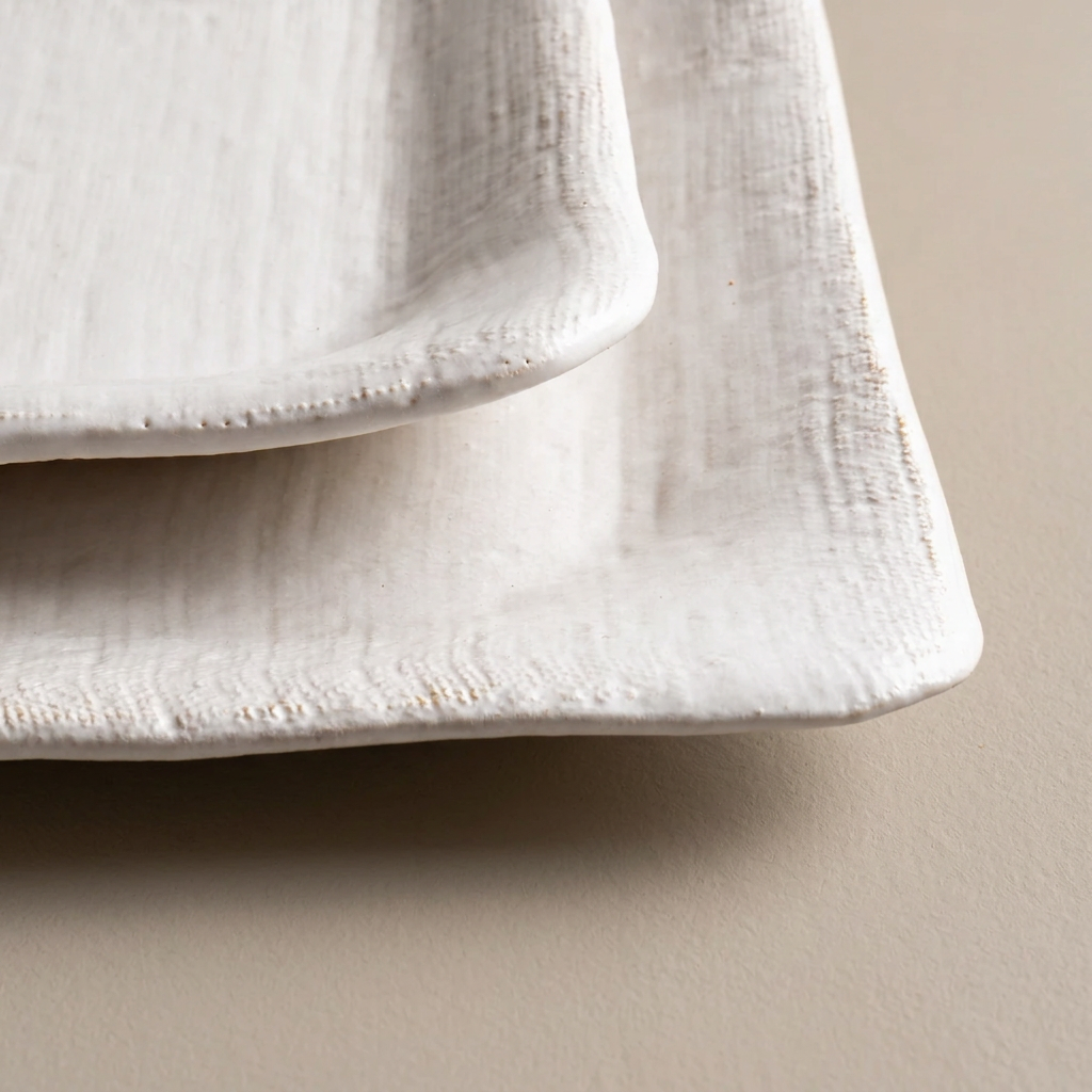 Close-up of White Matte Linen rectangular platter corners and texture on warm stone.
