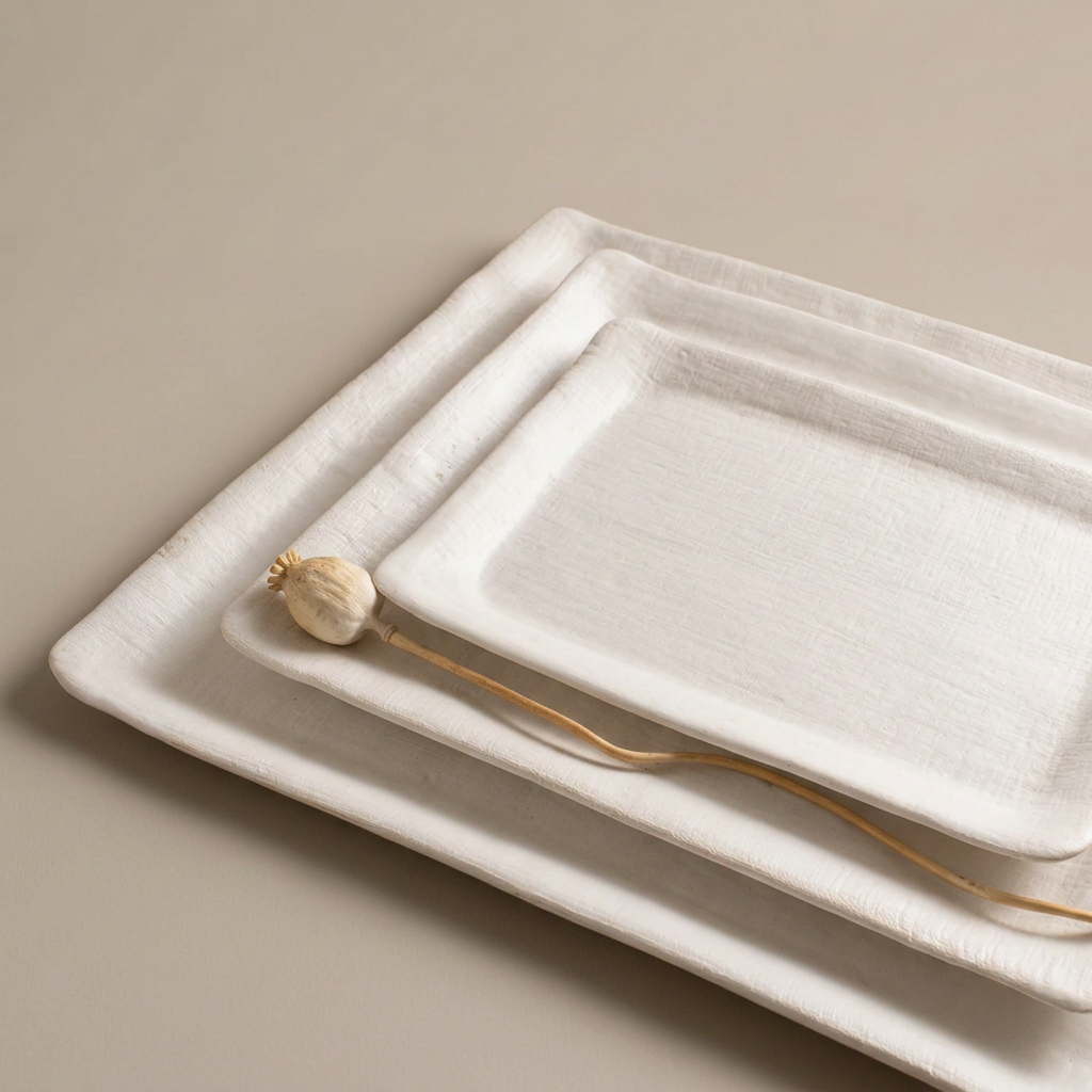 Three nested White Matte Linen rectangular platters on a warm-stone background.