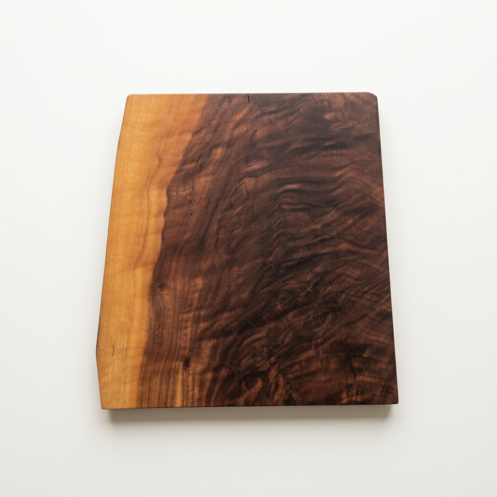Number 218 Orchard Black Walnut serving board with figured dark grain and a golden edge on a porcelain-white background.