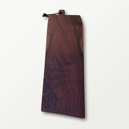 Number 281 Orchard Black Walnut serving board with a leather hanging loop on a porcelain-white background.