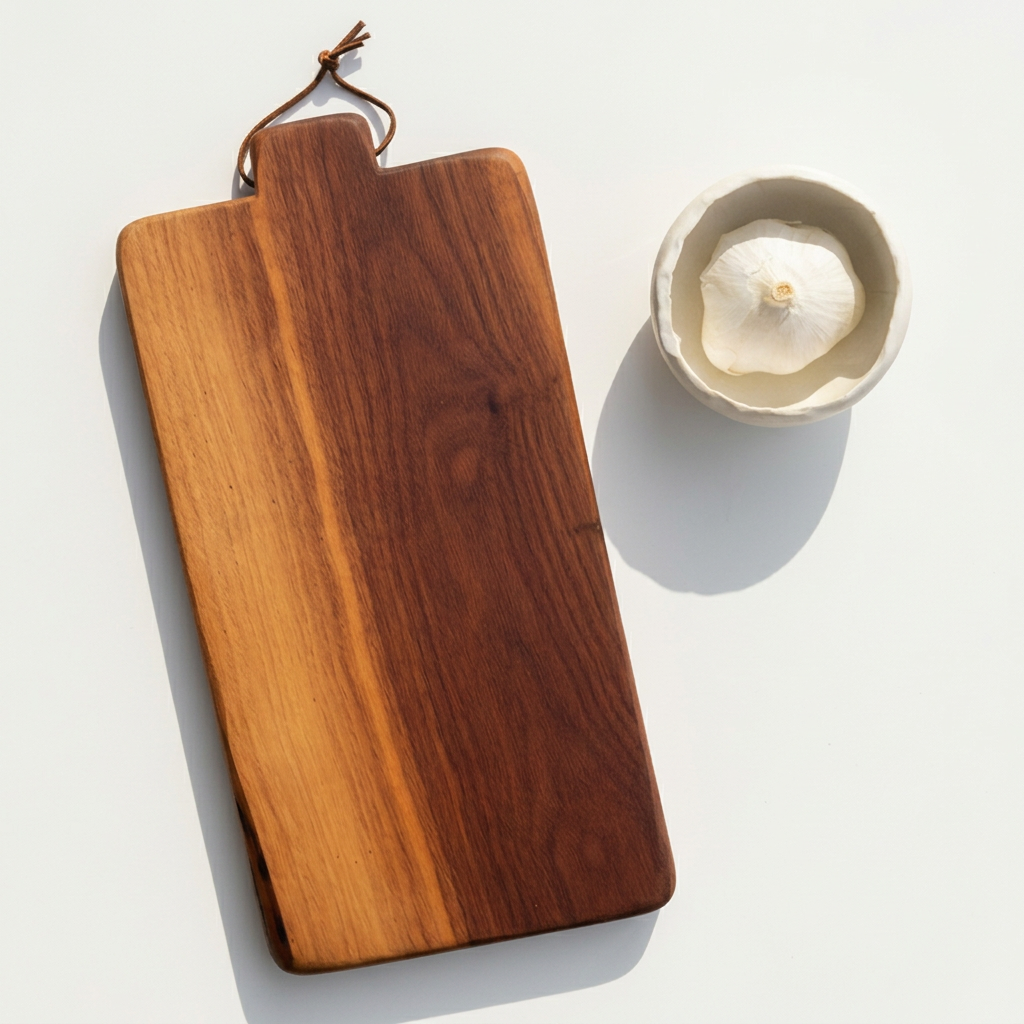 Number 137 Orchard Black Walnut serving board with a leather hanging loop, styled beside a ceramic bowl on a porcelain-white background.