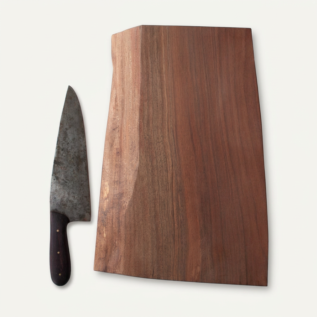 Number 328 Orchard Black Walnut serving board styled beside a knife on a porcelain-white background.