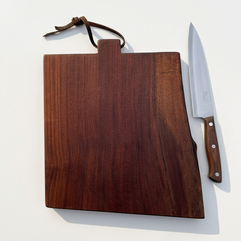 Number 267 Orchard Black Walnut serving board with a leather hanging loop, styled beside a knife on a porcelain-white background.