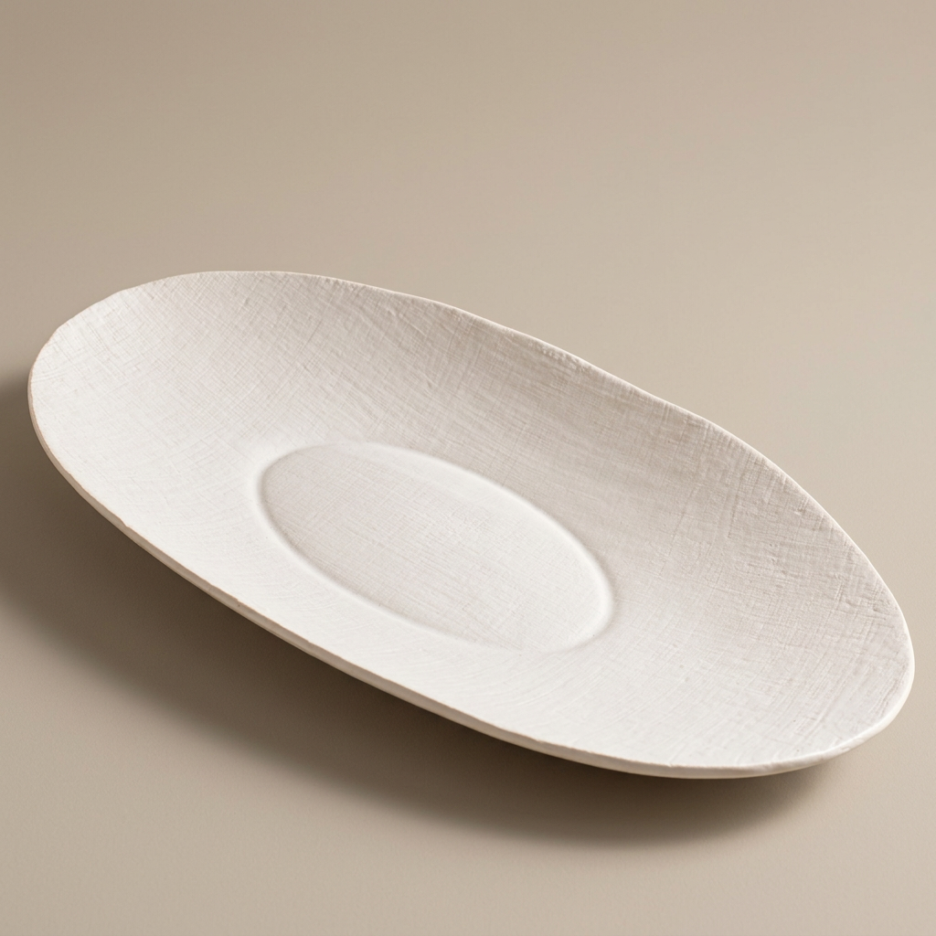 White Linen oval ceramic serving bowl on a seamless warm-stone background.
