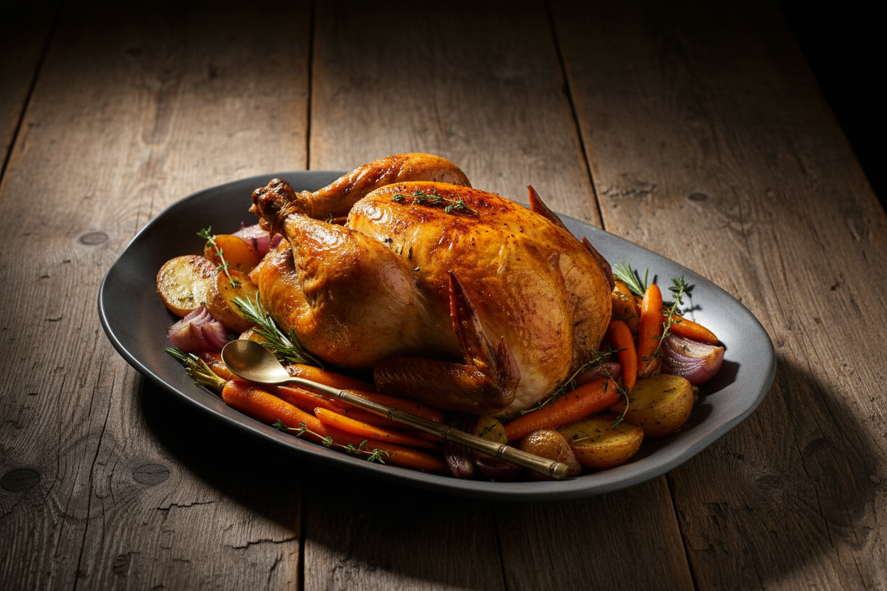 Large charcoal shino platter with roast chicken and vegetables