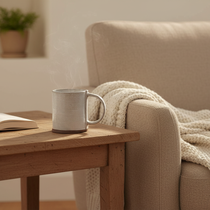 Linen Wrap Mug on side table beside cozy neutral chair