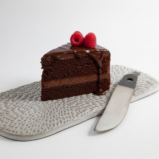 Petal Cheeseboard & Knife Set with chocolate cake
