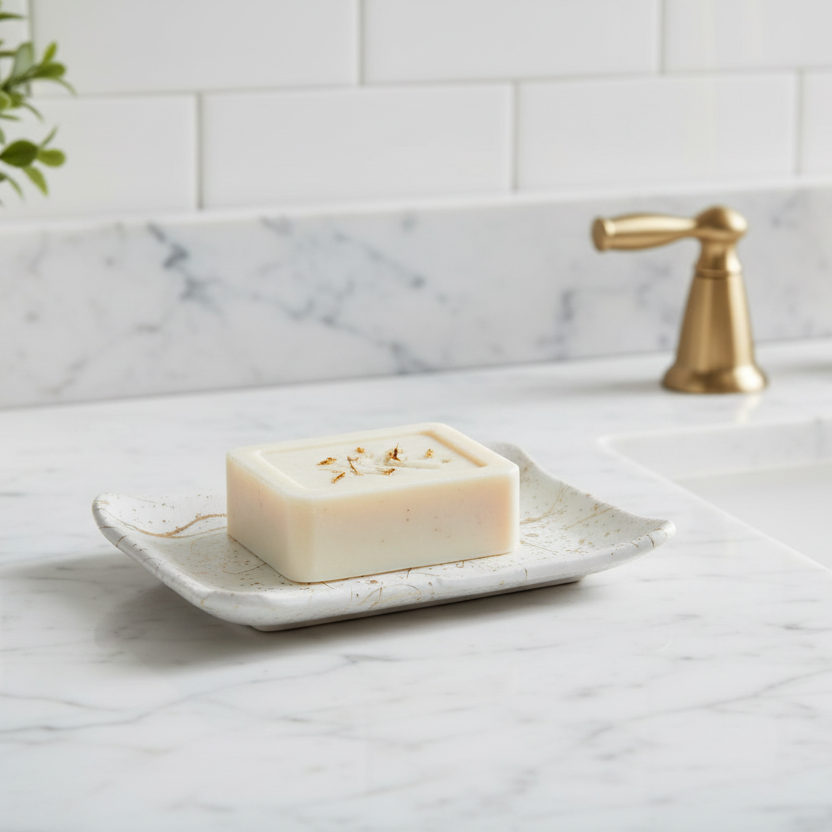 Poured Gold Soap Dish with smaller soap showing more gold details