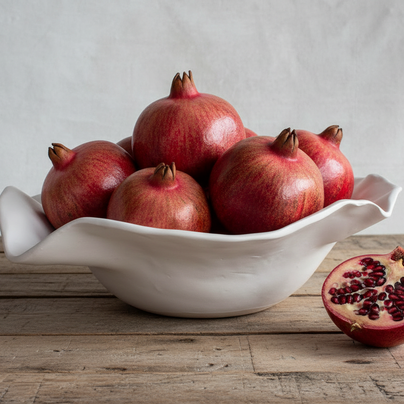 Sculpted serving bowl with varied pomegranates and halved pomegranate