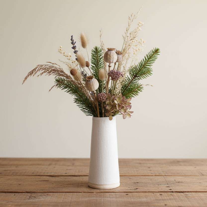 White Linen Taper Bud Vase with winter fir and dried plants