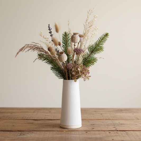 White Linen Taper Bud Vase with winter fir and dried plants