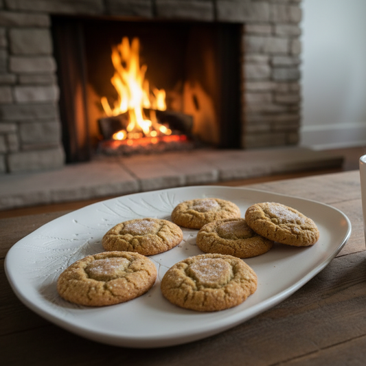 Winter Fir & Buds Platter with cookies and White Matte Flare Mug by fireplace