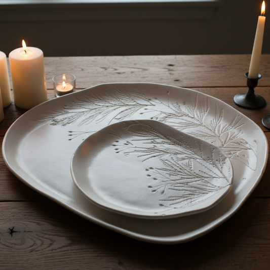 Winter Fir & Buds Serving Platter Set with candles, no mug